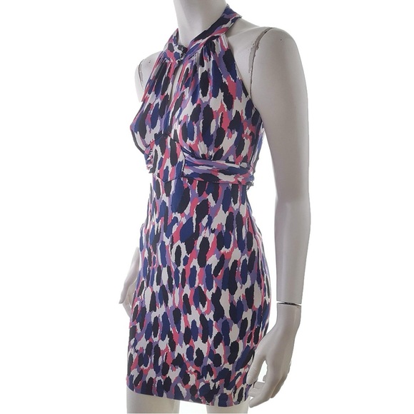 GUESS Keyhole Halter Open Back Multicolor Purple Pink Tie Back Mini Dress Sz L - Picture 7 of 9